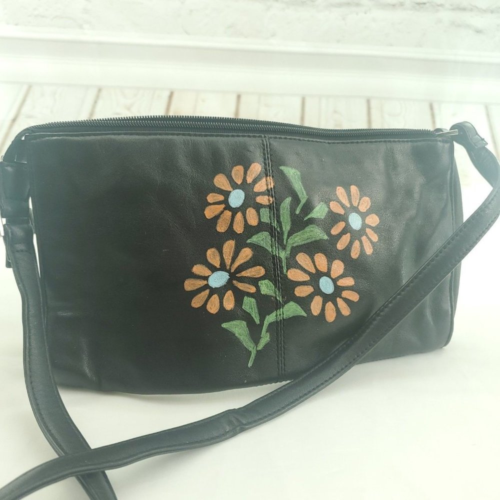 Preston & York Womens Black Leather Upcycled Handpainted Shoulder Baguette Bag